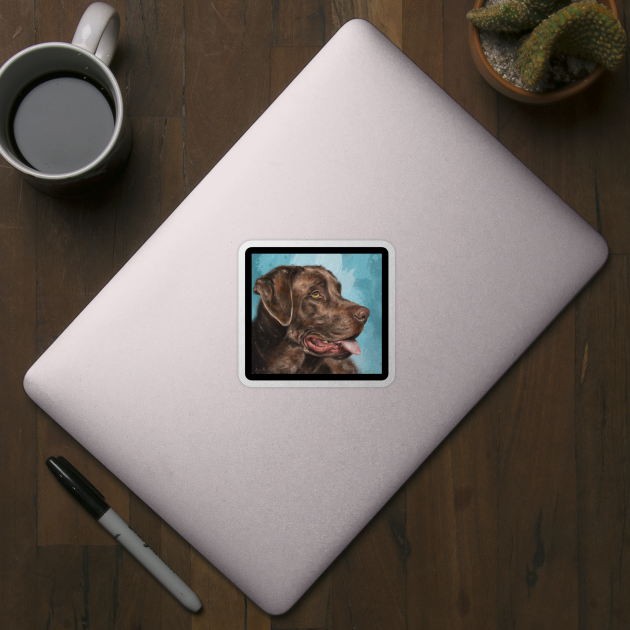 Painting of a Chocolate Labrador with Its Tongue Out, Blue Background by ibadishi